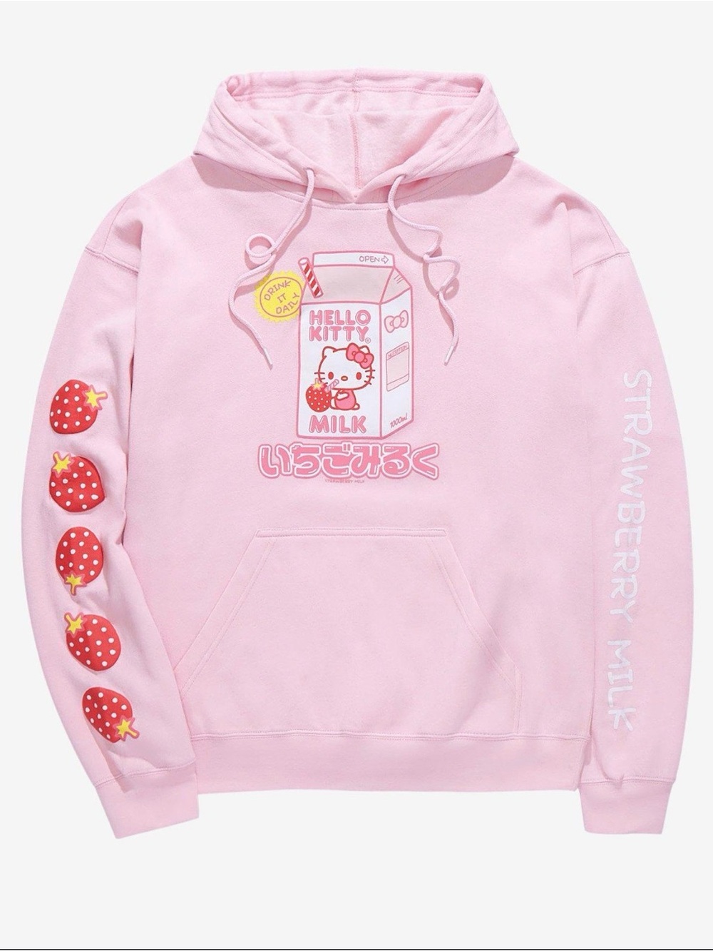 Hello Kitty Pink Strawberry Milk Graphic Hoodie Missing drawstring on hood.